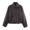 Giacca vintage scamosciata marrone scuro con collo alto e profili in pelle donna - XS / caffè