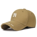 Distressed khaki baseball cap with white R embroidery and frayed brim detail - Adjustable / Deep Beige