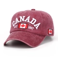 Washed burgundy cotton baseball cap with 3D Canada embroidery and maple leaf patches - Burgundy