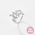 Minimalist 925 sterling silver olive leaf open ring with shimmering zircon stones - US 6 / 925 Silver / Leaf Ring