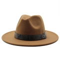 Detail of camel wool fedora hat featuring a snake print leather band and golden stud - Light Coffee
