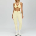 Set yoga giallo pallido con reggiseno sportivo intrecciato e leggings a vita a V - S / 4514 Reggiseno + 4514 Slip - Giallo Crema