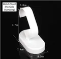 White C-shaped watch display stand with oval base for jewelry store display - Small White Stand No Gold Edge