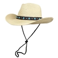 Detail of beige straw fedora featuring black leather band with blue beads and rivets - M (56-58cm) / Beige