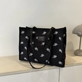 Borsa tote nera capiente con ricamo di rose bianche e manici superiori robusti - Nero