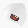 Detail of white ribbed beanie with leather patch featuring Sport 1993 fashion text and rivets - L(58-60cm) / White