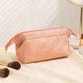 Pink PU leather makeup bag with gold zipper and Enjoy a pleasant trip golden print - Pink
