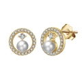 Elegant gold S925 sterling silver stud earrings with white pearl and sparkling crystals - Gold Pearl Hollow Style (定-APE69-14K)