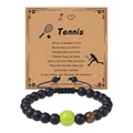 Detailed view of 8mm tiger eye bead tennis bracelet with black matte stones on card - Tennis Tiger Eye Braided Adjustable Style