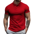 Close-up of the classic collar and three-button placket on this red short-sleeved polo shirt - Red