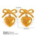 Golden stainless steel heart earrings with bowknot detail and 24.9mm height - Gold Heart Bow (EH361)