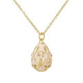Pink enamel egg pendant necklace in gold finish with sparkling rhinestone floral details - Pendant + Stainless Steel Lip Chain / White