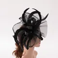 Elegant black feather fascinator hat with mesh veil and bow for wedding or cocktail party - Black