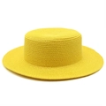 Close-up of bright yellow flat-top straw hat showing fine weaving texture for summer - M (56-58cm) / Yellow
