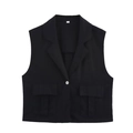 Black linen-blend sleeveless vest top with lapel collar and flap pockets on white background - XS / Tops