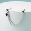 Silver double piercing chain earring with heart-shaped black stone and zircon studs - Style 3-Double Chain Heart / Black