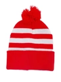 Détail du bonnet de Noël tricoté à rayures rouges et blanches avec un pompon rouge - Taille unique / Rouge + Rayures Blanches