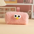 Pink plush lamb stationery pouch with cute cartoon eyes and a soft lamb wool finish - Pink