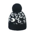 Bonnet en maille léopard pour femme avec pompon en fourrure et revers noir pour l'hiver - 5.8cm / Noir