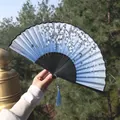Classic Chinese silk folding fan with blue gradient cherry blossom and butterfly prints - Blue Gradient Flower & Butterfly Black Frame Style (Series 100)