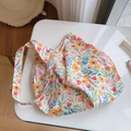 Detail of floral print cotton tote bag with yellow and pink blossoms on white surface - Red Orange Small Flowers