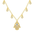 Golden Hamsa hand necklace with blue and clear zircon stones on a white background - 925 Silver / Gold Blue Zirconia (DY190822-S-G-WH)