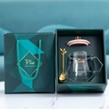 Nordic glass mug gift set with gold spoon and pink crown lid in premium green box - Fine Transparent Pink Glass Mug Gift Set