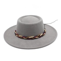 Detailed view of grey wool jazz hat featuring colorful rainbow braided rope band detail - M (56-58cm) / Light Gray