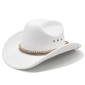 Detailed macro of white wool felt cowboy hat featuring gold beads and braided trim decoration - M (56-58cm) / White