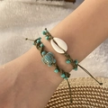 Handgefertigte Boho-Armbänder mit Muschel, Türkis-Schildkröte und gewebten Perlen - Armeegrün