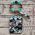 Silicone bead keychain bracelet with cow print PU leather wallet and tassel pendant set - Western Aztec