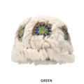 Bob duveteux crème avec motif floral en crochet vert et fausse fourrure de lapin chaude - M (54-58cm) / Vert