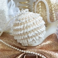 Champagne gold and white Christmas balls with glitter bows, tassels and pearls - Bright White Plush Ruffle Ball 8cm
