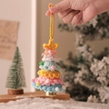 Handmade crochet Christmas tree pendant in light blue and pink with a golden bell - Christmas Tree Bell Pendant Model D (Multicolor Layered)