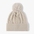 Beige cable knit winter beanie with matching faux fur pom pom and thickened texture - Beige