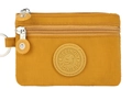 Yellow nylon mini coin purse with double zippers, round logo, and metal keychain hook - Earthy Yellow