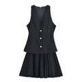 Ensemble deux pièces pour femme avec gilet à col en V et mini-jupe plissée noire - Noir