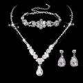 Close-up of sparkling bridal jewelry set featuring teardrop crystal necklace and earrings - 501+660 Necklace Clip-on Earrings Bracelet / Silver