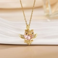 Golden owl necklace with pink crystal and micro-paved zirconia on a fine chain - Gold Owl/Pink Belly Crystals