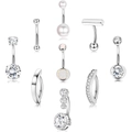 9-piece stainless steel belly button ring set with zircon and pearl accents - Silver 9pcs Set