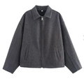 Detail of dark grey short wool jacket with zipper and lapel collar on white background - S / Gray