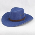 Blue linen western cowboy hat with brown braided trim and metal eyelets for outdoor sun protection - One Size 58cm / Blue Linen Top-Pressed