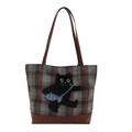 Bolso tote de cuadros azules y marrones con bordado de gato negro y asas de cuero - Gato