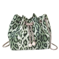 Green leopard print bucket bag with silver chain and decorative pearl drawstring - Green