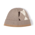 Berretto in maglia spessa con elegante motivo a rombi e risvolto a righe invernale - Kaki