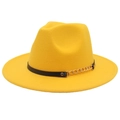 Gentleman wide brim yellow felt fedora hat with black leather strap and gold chain detail - M (56-58cm) / Yellow