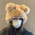Cute plush puppy ear hat with matching mask in khaki fleece for winter warmth - Cartoon Dog Shape / Khaki