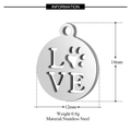 Silver stainless steel LOVE charm pendant with paw print cutout and dimensions - Paw LOVE Round