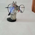 Handcrafted grey tabby cat wooden eyeglass holder with pink nose on black base - Grey Tabby Cat Style (11)