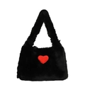 Sac à épaule en fausse fourrure noire avec patch coeur rouge en peluche contrasté - Noir
